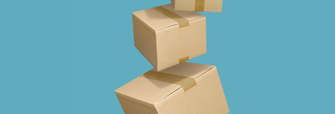 Boxes falling with a blue background.