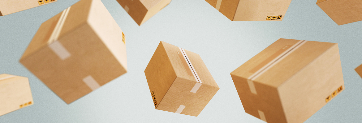 Several cardboard boxes are suspended in midair against a gray background.