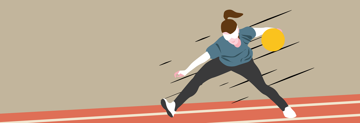 Illustration of a teen girl who is wearing eyeshades and is preparing to roll a goalball down the court.