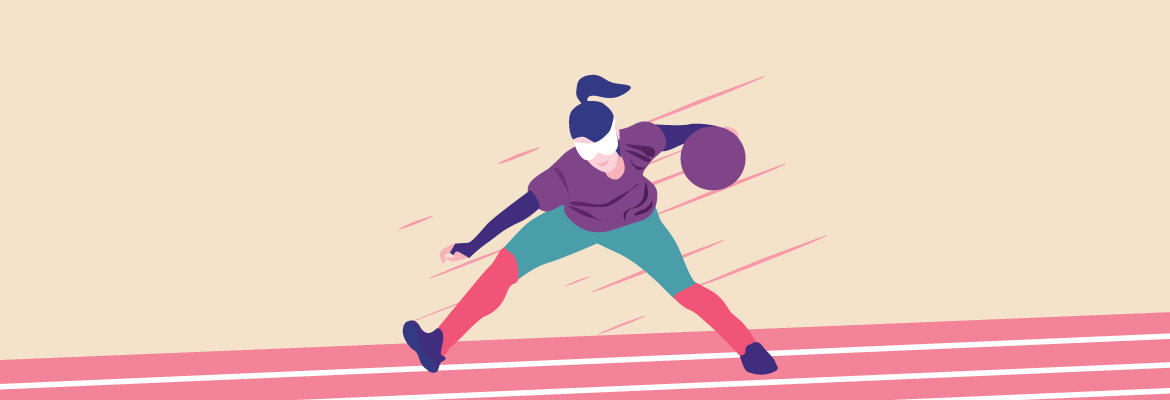 Illustration of a woman wearing a ponytail and eyeshades preparing to roll a goalball.