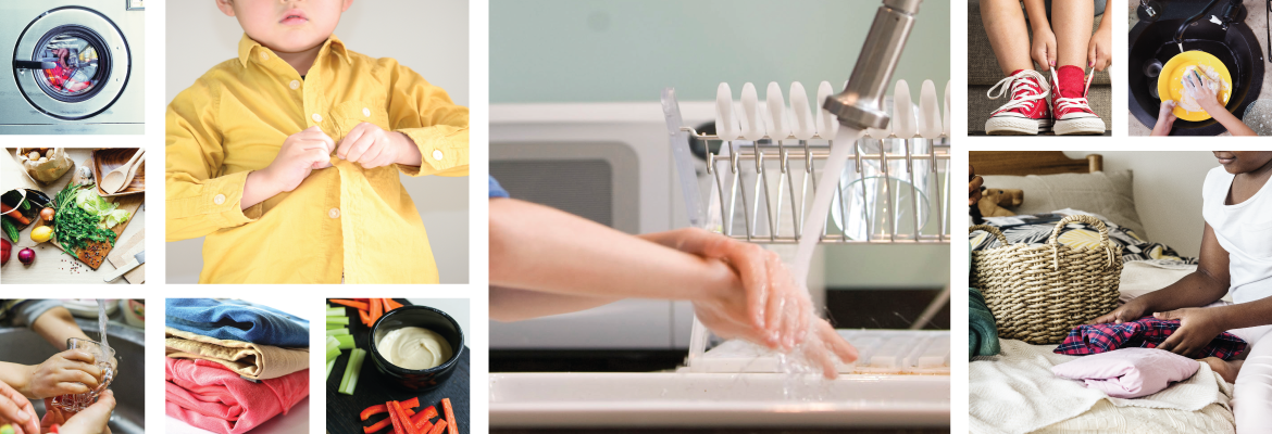 Collage showing daily living skills, including washing hands, tying shoes, washing dishes, folding laundry, and buttoning a shirt.