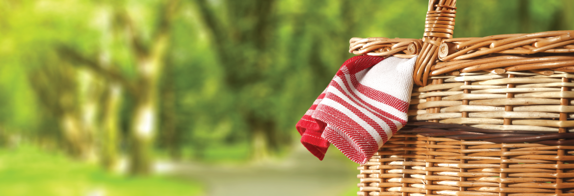 A red and white towel hangs from a wicker picnic basket in a wooded setting on a sunny day.