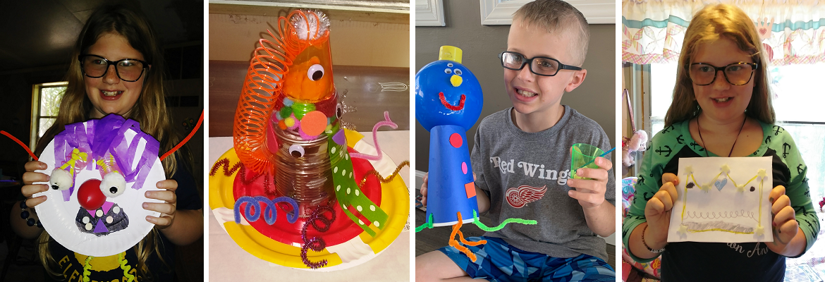 Four images featuring students with their space creature and constellation creations.