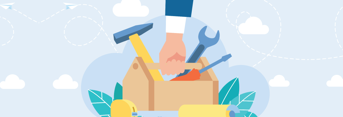 Illustration of a hand grabbing a toolbox full of tools such as a hammer and wrench.