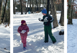 A collage of images shows student throwing snow balls and a snow man at Camp T.