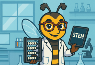 A cartoon bee wearing a lab coat, and holding an abacus in a laboratory. 
