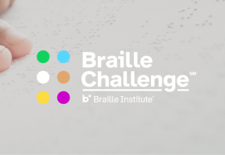 The braille challenge logo overlayed on an image of fingers on a page of Braille.