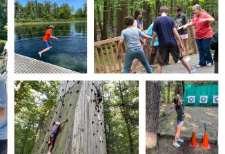 A collage of images show kids fishing, swimming, on a climbing wall, in kayaks, on a balancing deck, and doing archery. 