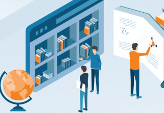 Illustration of three people standing next to a bookshelf and a larger-than-life globe, book, and magnifying glass.