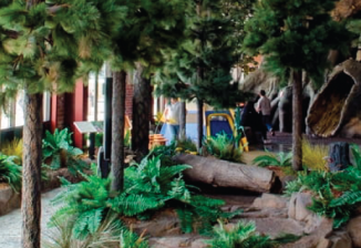 A simulated forest in Detroit’s DNR Outdoor Adventure Center. A path goes through pine tress and ferns to a camping exhibit. 