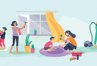 An illustration of children and teenagers cleaning and doing laundry.