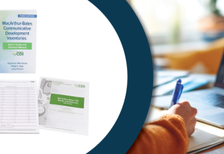 On the left is the MacArthur Bates Communicative Development Inventories. On the right is an open laptop running zoom. 