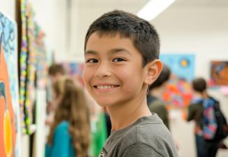 A student in an art gallery smiles while he observes a painting. 