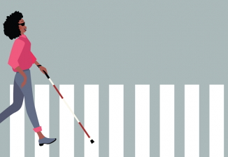 Illustration of a smiling woman wearing dark glasses and using a white cane to cross a crosswalk.