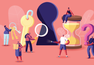 A colorful illustration featuring diverse people interacting with oversized keys, a magnifying glass, an hourglass, and a question mark.