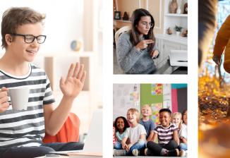 A collage of images showing students in classrooms and using ASL, families at home and hiking. 