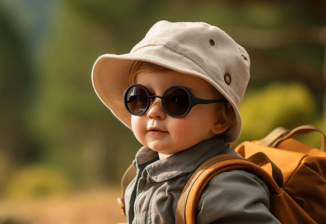 A young child wearing a hat, sunglasses, and backpack smiles in an outdoor setting.