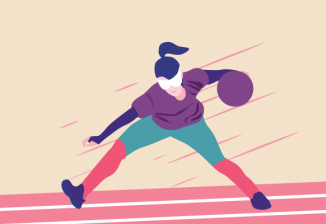 Illustration of a woman wearing a ponytail and eyeshades preparing to roll a goalball.
